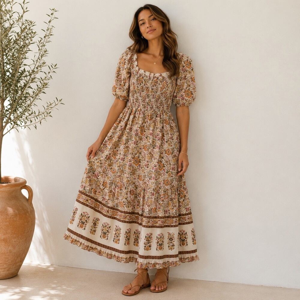 Kindred Floral Maxi Dress S Smocked Puff Sleeve Cottagecore Boho Prairie